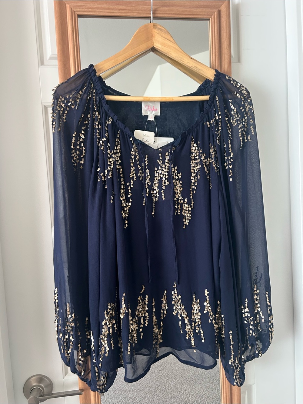 Parker Navy Sill Blouse with Gold Sequin Accents